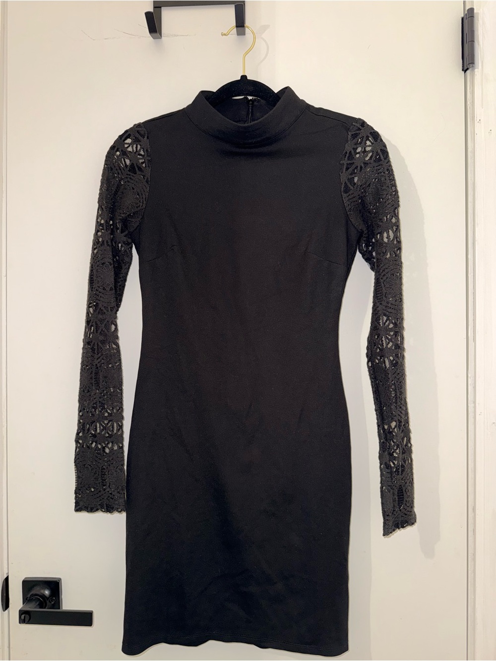 Lulu's Black Long-Sleeve Crochet-Sleeve Mock Neck Dress